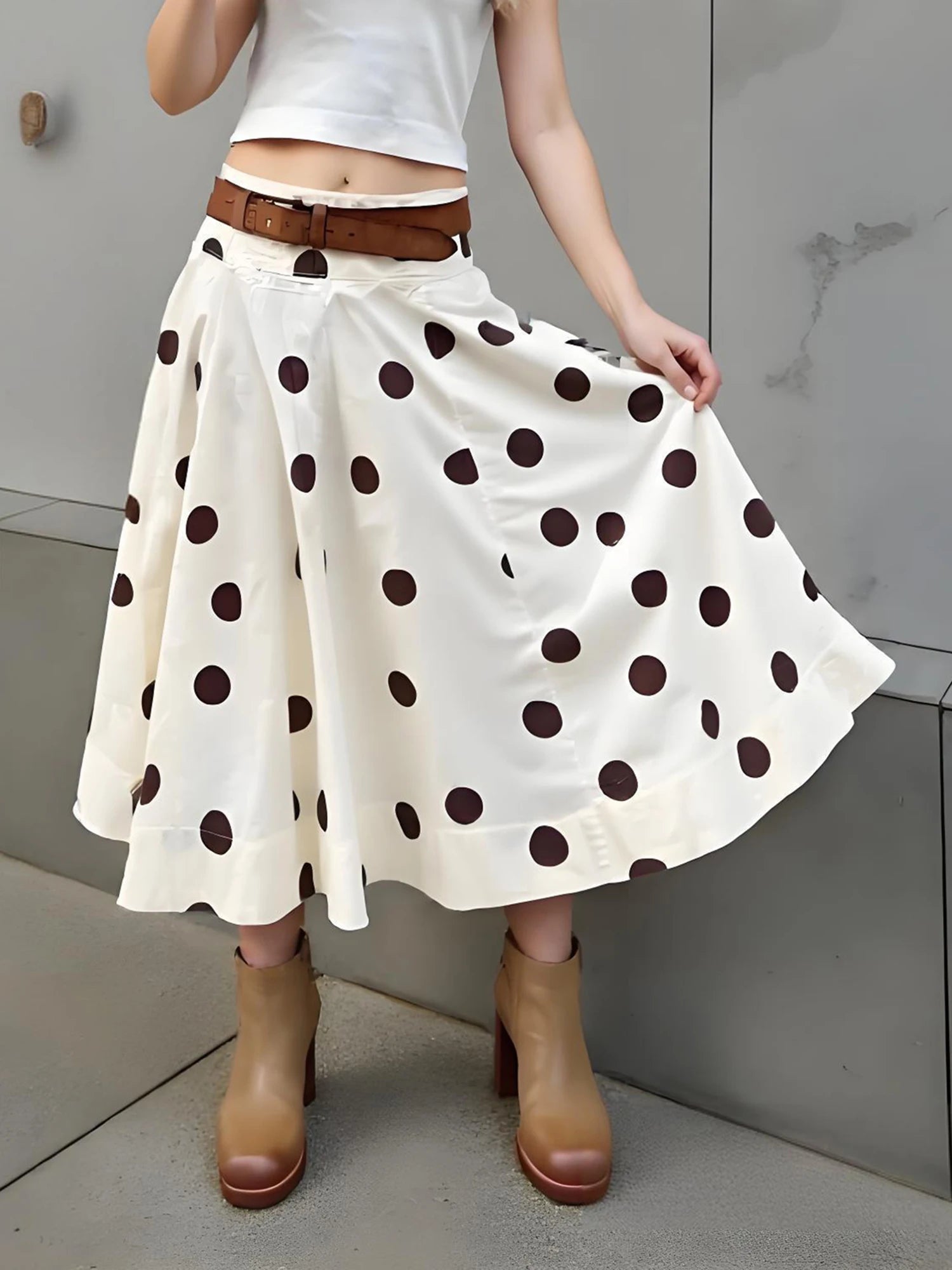 Women White A-Line Skirt Dots Print High Waist Midi Skirt Elegant Swing Skirts for Daily Leisure and Work