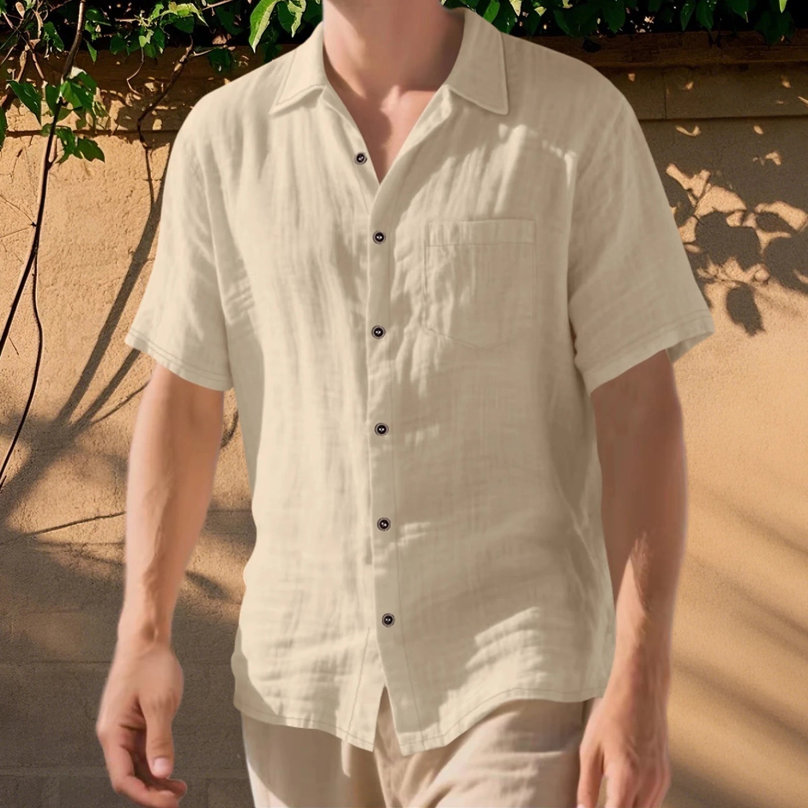 Men s Lightweight Linen Short Sleeve Button-Down Shirt Casual Solid Color Breathable Summer Tops Loose Fit Lapel Collar