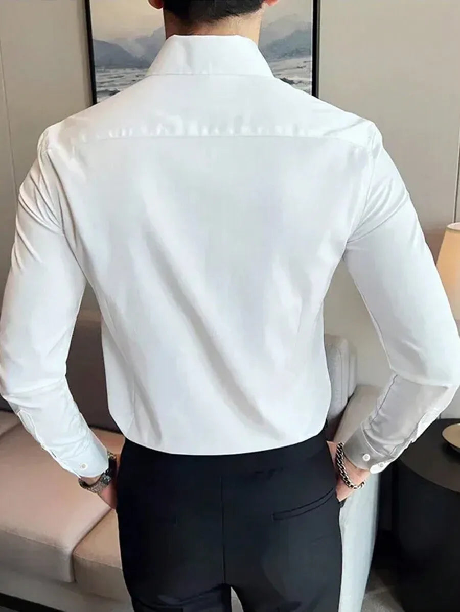 Men's Solid White Long Sleeve Single-Breasted Casual Commuter Shirt