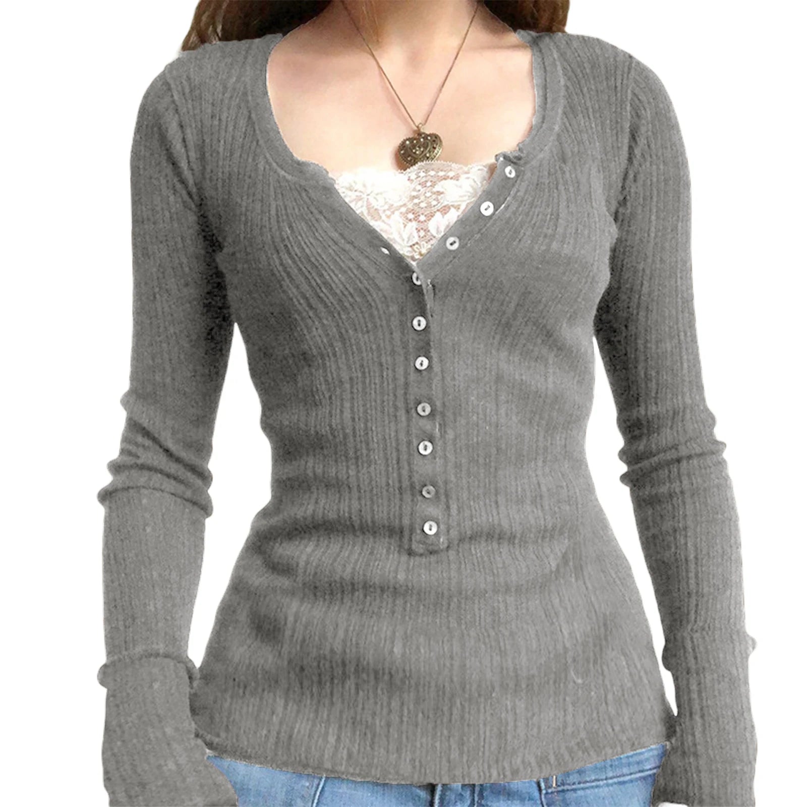 Women Button Front Knit Tops Long Sleeve Lace Patchwork Slim Fit Sweater Fall Fairy Grunge Gothic Y2K Clothes