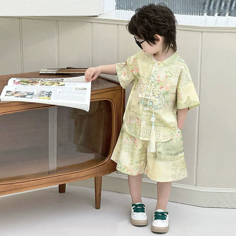 Summer Short Sleeve 2 Piece Set Boys Costume Kids Clothes Casual Boy Outfit Tang Style Hanfu Suit Baby Fashion Children's Sets
