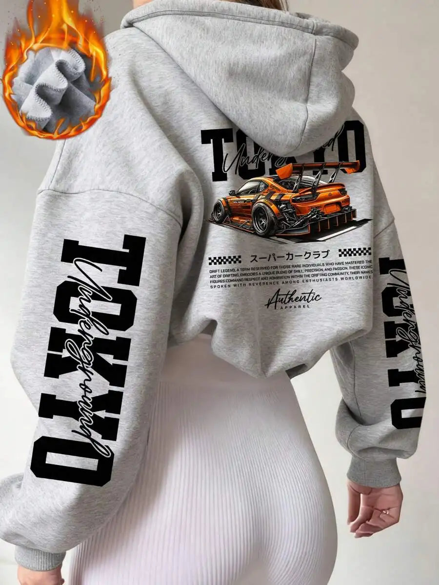 Women's Cropped Hoodie with Bold Letter & Race Car Graphic Print, Loose Fit, Winter Warm