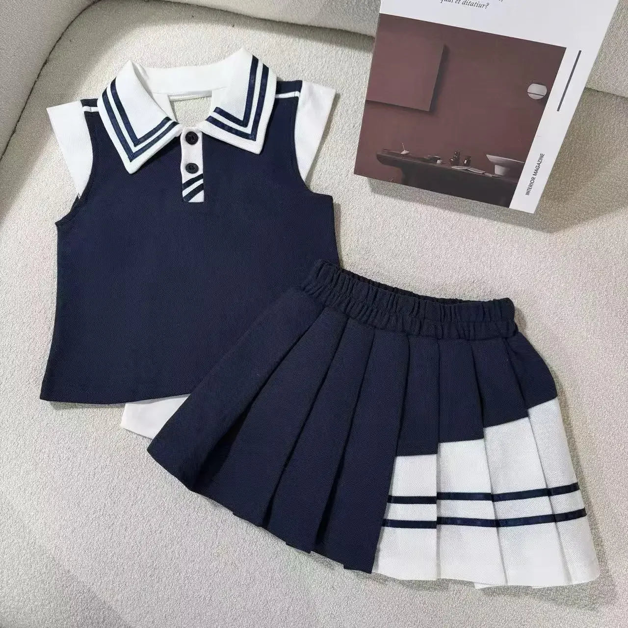 Toddler Girls' 2-Piece Summer Set - Sleeveless Tie-Back Top + Pleated Skirt, Breathable Cotton Outfit Kids Boutique Clothes