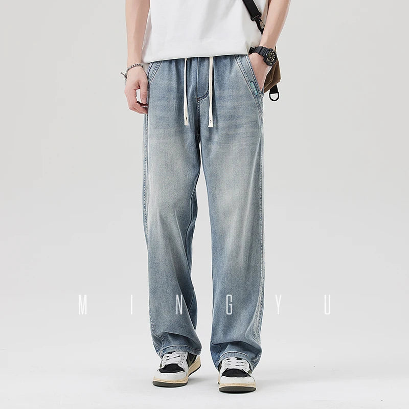 High Quality Spring Summer Lyocell Fabric Men's Jeans Loose Straight Denim Pants Design Blue Casual Trousers Plus Size M-5XL