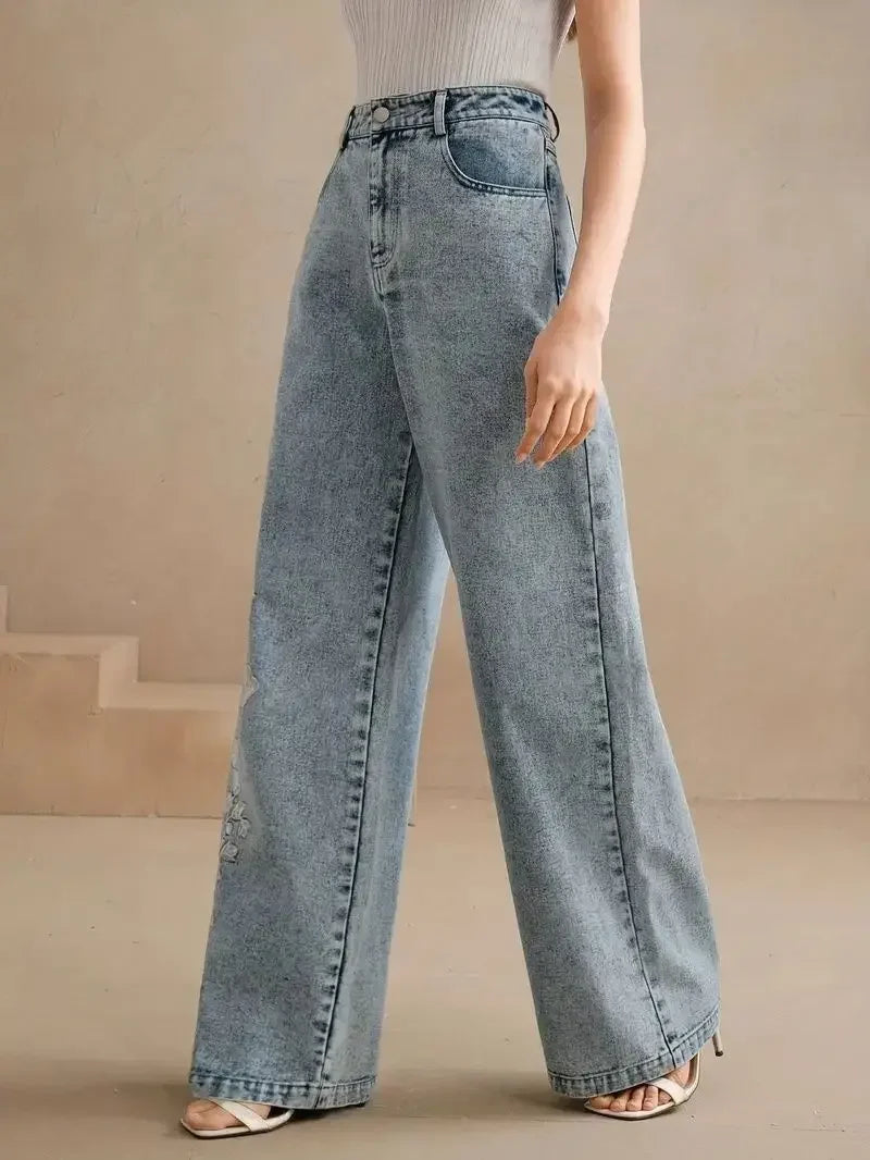 Women's plus Size Y2K Straight Leg Jeans Trendy Stretch Washed Denim Embroidery Design Comfortable Fashion