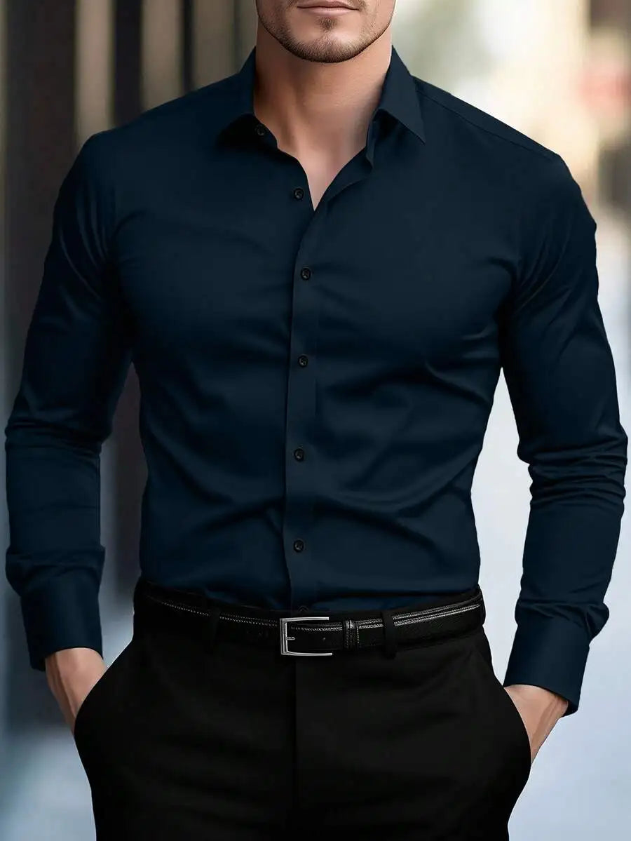 Men's Solid White Long Sleeve Single-Breasted Casual Commuter Shirt