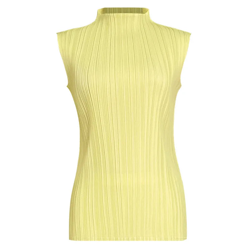 Miyake Pleated Elegant Fashion Temperament Solid Color Half High Neck Sleeveless Women's Vest 2025 Summer New Breathable Top