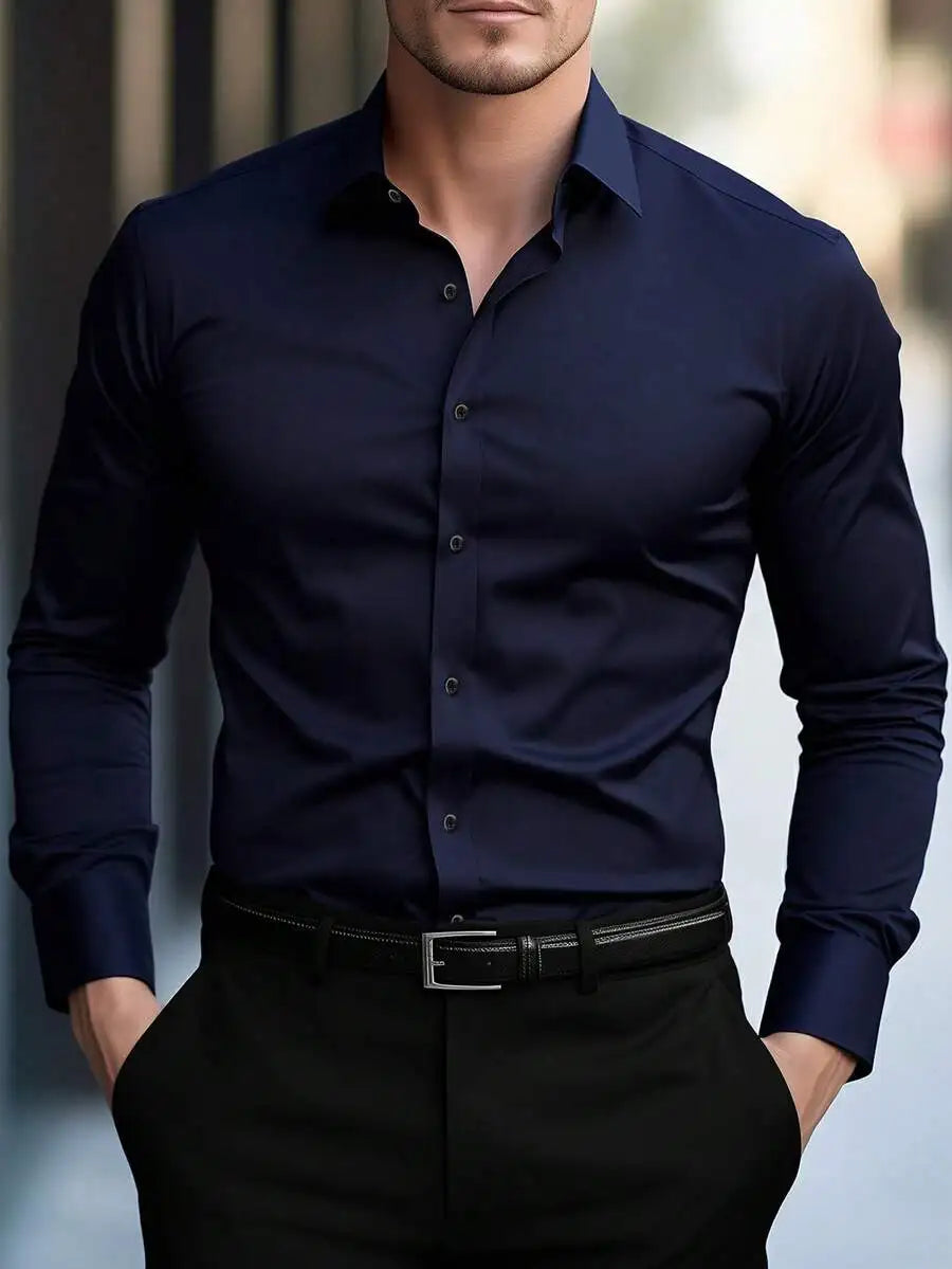 Men's Solid White Long Sleeve Single-Breasted Casual Commuter Shirt