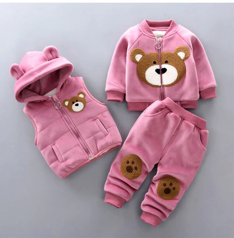 Baby Boys Sets Autumn Winter Thick Fleece Cartoon Bear Hooded Vest Coat Pants 3Pcs for Kids Casual Outfits Girls Warm Suit 0-5Y
