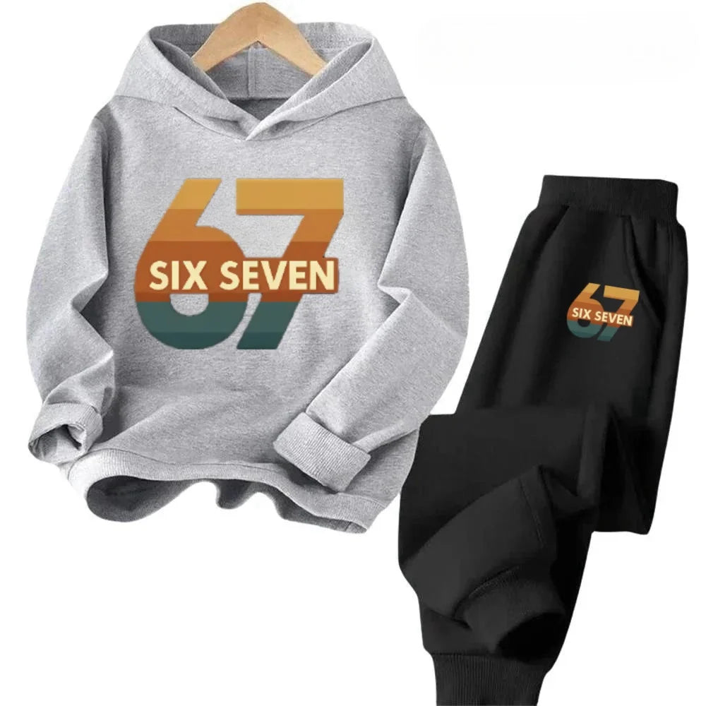 New 67 pattern printed hooded sweatshirt with sweatpants for autumn and winter, comfortable and loose 2-piece set for children