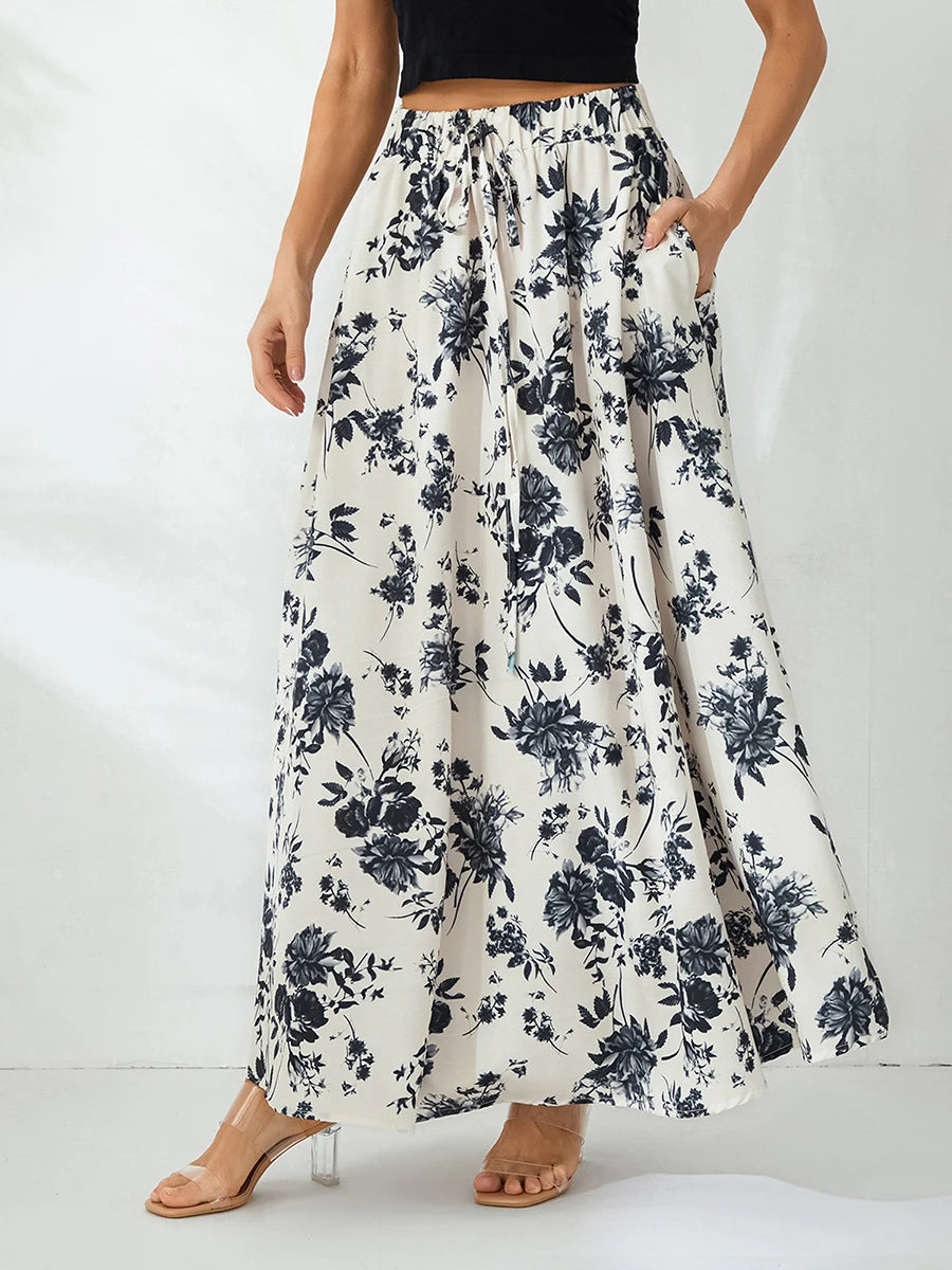 Women Long Skirt Elegant High Waisted Skirt Solid Flower Print Summer Swing Skirt
