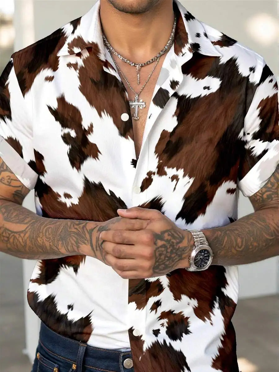 Men's Casual Western-Style Cow Print Button-Front Short Sleeve Shirt for Summer