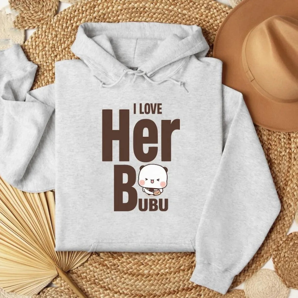 I LOVE HER HIS Bubu Dudu Bear Sweatshirt Cute Matching Couple Hoodies Anniversary Gift Clothing Men Women Casual Daily Life Tops