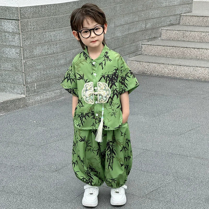 Summer Short Sleeve 2 Piece Set Boys Costume Kids Clothes Casual Boy Outfit Tang Style Hanfu Suit Baby Fashion Children's Sets