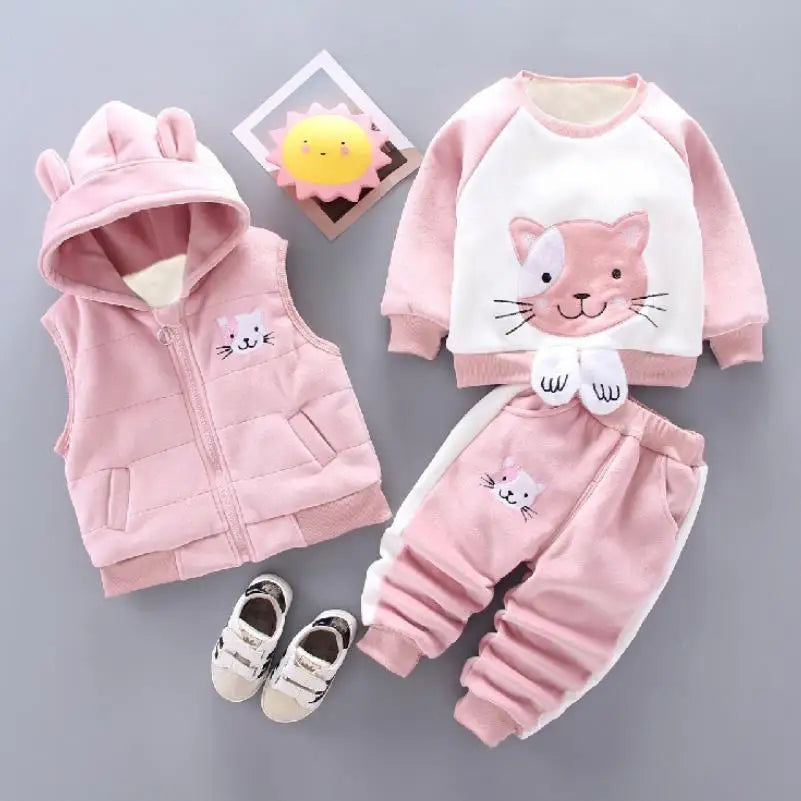 Baby Boys Sets Autumn Winter Thick Fleece Cartoon Bear Hooded Vest Coat Pants 3Pcs for Kids Casual Outfits Girls Warm Suit 0-5Y
