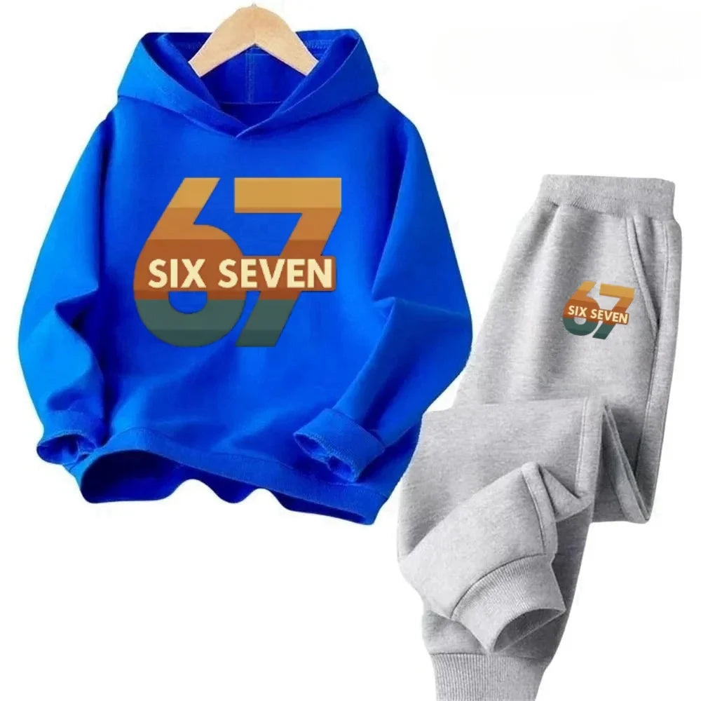 New 67 pattern printed hooded sweatshirt with sweatpants for autumn and winter, comfortable and loose 2-piece set for children